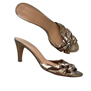 Salvatore Ferragamo Sz 8 Bronze Leather Open Toe Heeled Mules Shoes Made In Ital